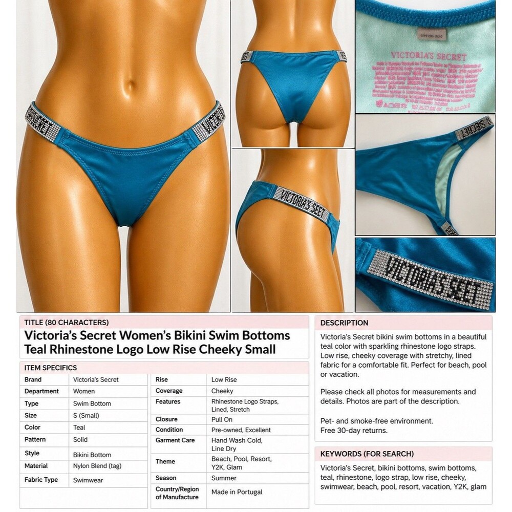 Victoria's Secret Swim Rhinstone Logo Strap Brazilian Bikini Bottom Teal Glam